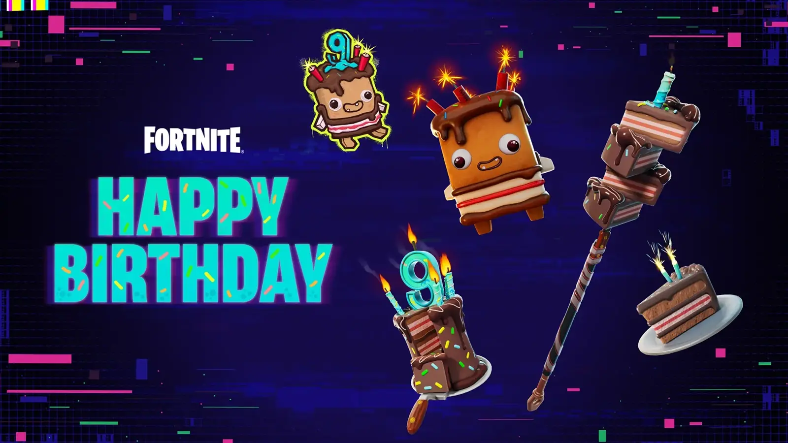 Darmowe nagrody rocznicowe, plecak i kilof z motywem tortu na 9. urodziny Fortnite w 2026 roku.