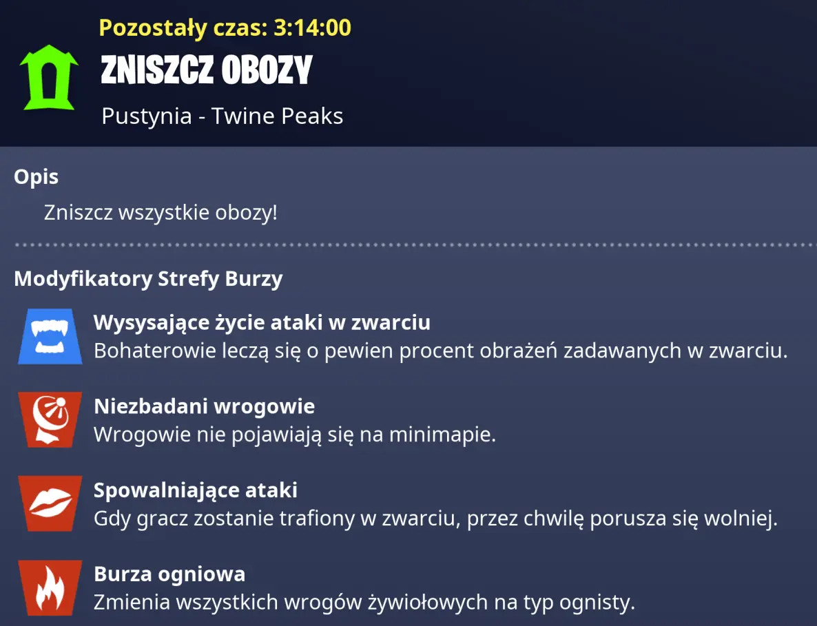 Przykładowa misja Zniszcz obozy z aktywnymi modyfikatorami w Fortnite Ratowanie Świata