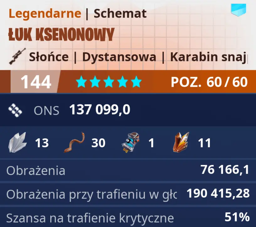 Przykład parametrów legendarnego schematu broni w Fortnite Ratowanie Świata